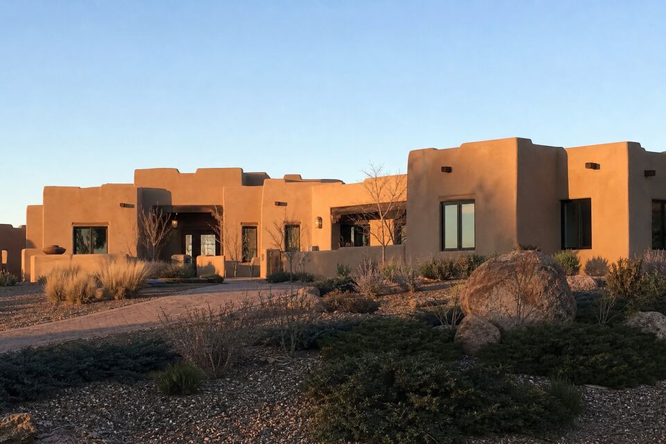 Stucco home exterior typical of Las Campanas, New Mexico
