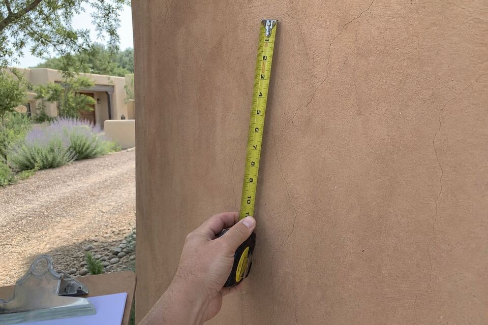 Weathered stucco wall being examined and measured at a Santa Fe home